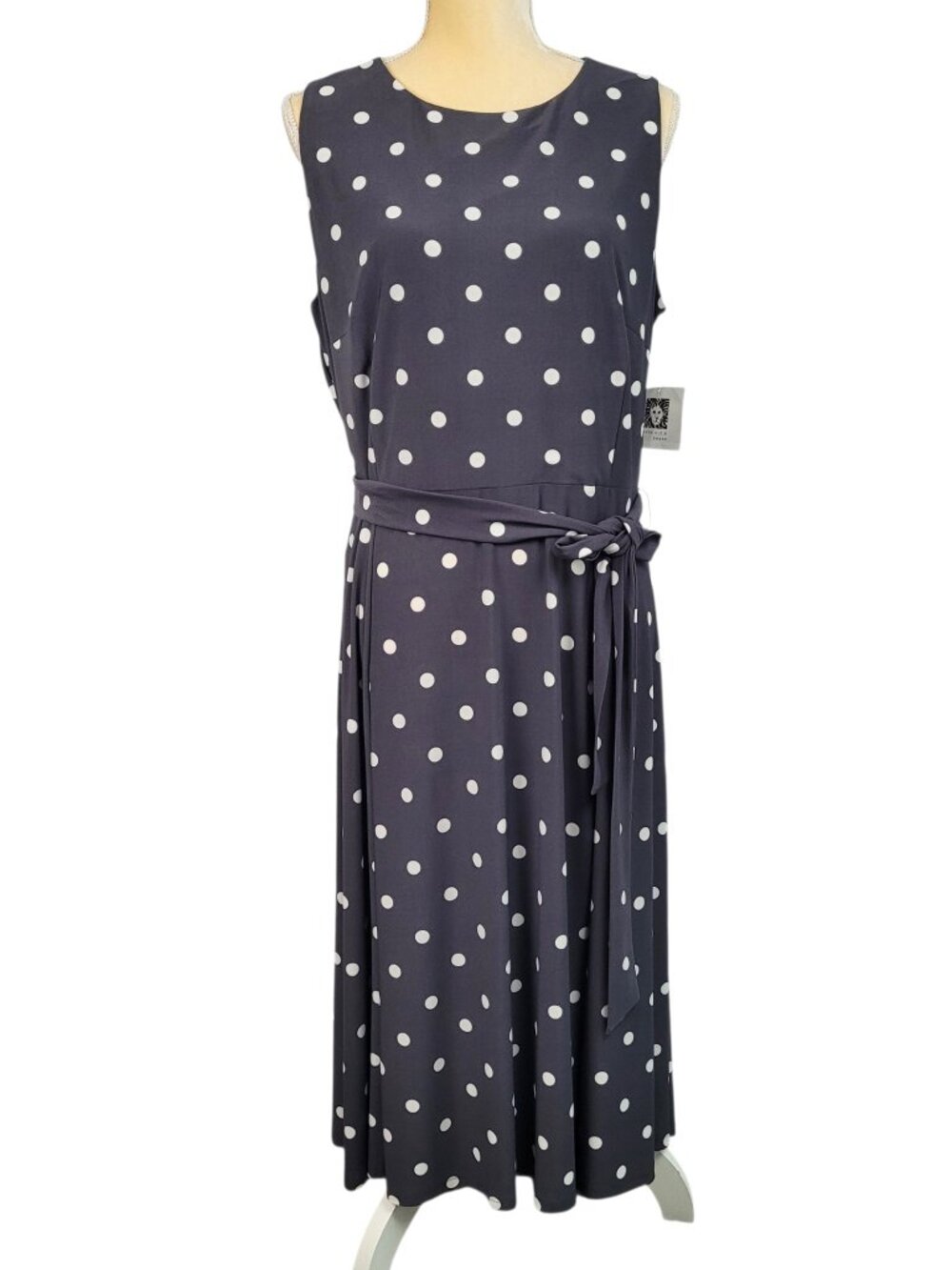 Anne Klein Midi Dress 16 Grey Polka Dot Belted Fit & Flare Career Wedding Event